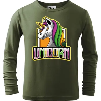 Dětská móda DOBRÝ TRIKO Dětské bavlněné triko Naštvaný jednorožec Velikost: 122/6 let, Barva: Khaki