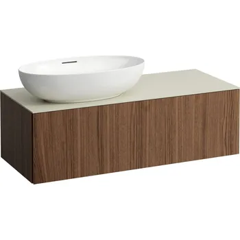 Umyvadlo LAUFEN ILBAGNOALESSI Zásuvkový element 1200, s jednou zásuvkou, s výřezem vlevo, s vrchní deskou Calce Avorio vč. otvoru pro baterii, pro umyvadlo H818977/8 1200x500, Noce canaletto - Dřevěná dýha - H4313100976301