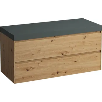 Koupelnový nábytek LAUFEN LANI Modulární sestava 1200, umyvadlová deska 65 mm (.266 šedá traffic), bez výřezu, se 2 zásuvkami 1185x495, Divoký dub - H4055701122671