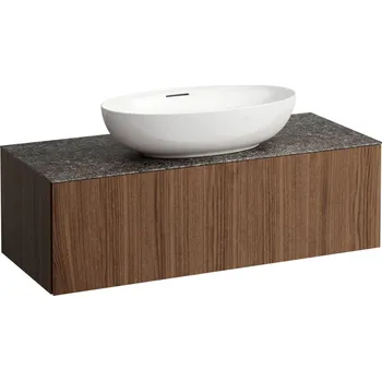 Umyvadlo LAUFEN ILBAGNOALESSI Zásuvkový element 1200, s jednou zásuvkou, s výřezem uprostřed, s vrchní deskou Marrone Naturale vč. otvoru pro baterii, pro umyvadlo H818975/6, H818977/8 1200x500, Noce canaletto - Dřevěná dýha - H4323150976301