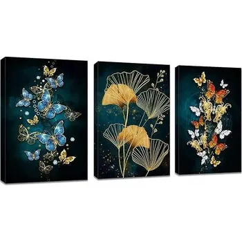 Obraz Obraz na plátně na zeď do obýváku, 3dílný, 60x40 cm, motiv listů a motýlů