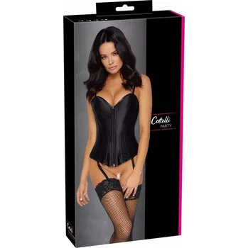 Dámský erotický korzet Cottelli PARTY - Saténový Korzet se Zipem a Šněrováním Vzadu Černý S