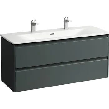 Koupelnový nábytek LAUFEN PALACE Umyvadlo slim se skříňkou 120 cm, se 2 zásuvkami, vč. dělícího systému do zásuvek. Lze instalovat standardní nebo prostorově úsporný sifon H894250, s držákem z eloxovaného hliníku 1200x450, Šedá traffic - H8617092661071