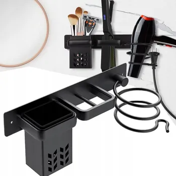 Fén Nástěnný držák na fén, žehličku na vlasy S POLIČKOU ČERNÝ