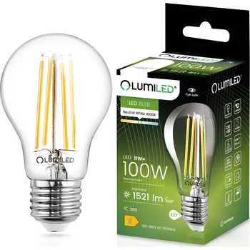 Žárovka LED žárovka E27 A60 11W = 100W 1521lm 4000K Neutrální 360° FILAMENT LUMILED