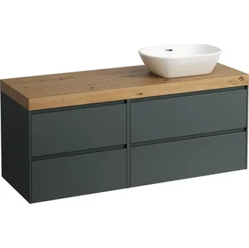 Koupelnový nábytek LAUFEN LANI Modulární sestava 1400, umyvadlová deska 65 mm (.267 divoký dub), s výřezem vpravo, se 4 zásuvkami: zásuvkový element 800 pravý + zásuvkový element 600 levý 1370x495, Šedá traffic - H4065831122661