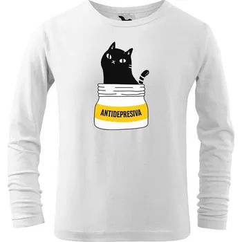Dětská móda DOBRÝ TRIKO Dětské triko s kočkou ANTIDEPRESIVA Velikost: 134/8 let, Barva: Khaki