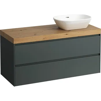 Koupelnový nábytek LAUFEN LANI Modulární sestava 1200, umyvadlová deska 65 mm (.267 divoký dub), s výřezem vpravo, se 2 zásuvkami 1185x495, Šedá traffic - H4065731122661