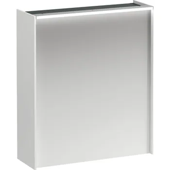 Nábytek LAUFEN LANI Zrcadlová skříňka, 600 mm, 1 dvířka, závěsy dvířek vlevo, s vodorovným LED osvětlením, 2 skleněné poličky, el. zásuvka 620x210, Bílá lesklá - H4037311122611