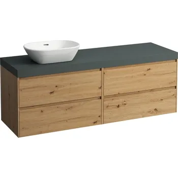 Koupelnový nábytek LAUFEN LANI Modulární sestava 1600, umyvadlová deska 65 mm (.266 šedá traffic), s výřezem vlevo, se 4 zásuvkami: zásuvkový element 800 pravý + zásuvkový element 800 levý 1570x495, Divoký dub - H4055921122671