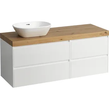 Koupelnový nábytek LAUFEN LANI Modulární sestava 1400, umyvadlová deska 65 mm (.267 divoký dub), s výřezem vlevo, se 4 zásuvkami: zásuvkový element 800 levý + zásuvkový element 600 pravý 1370x495, Bílá mat - H4065821122601