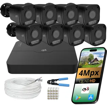 IP kamera Sada monitoringu, 8 černých IP PoE kamer 4Mpx Dual Light, tuba DVS