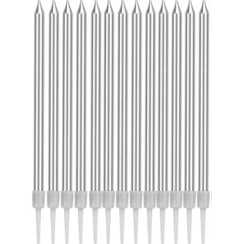 Dortová svíčka Dlouhé stylové stříbrné narozeninové svíčky na dort 10 ks stříbrné