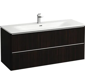 Koupelnový nábytek LAUFEN PALACE Umyvadlo slim se skříňkou 120 cm, se 2 zásuvkami, vč. dělícího systému do zásuvek. Lze instalovat standardní nebo prostorově úsporný sifon H894250. s držákem z eloxovaného hliníku 1200x450, Tmavěhnědý jilm - H8607092631041