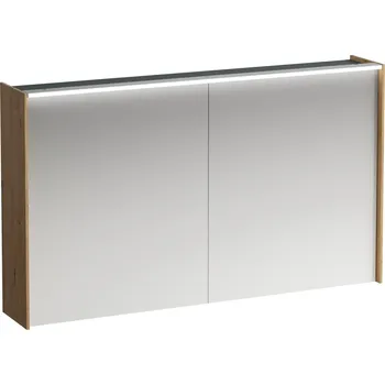 Koupelnový nábytek LAUFEN LANI Zrcadlová skříňka, 1200 mm, 2 dvířka, s vodorovným LED osvětlením, 2 skleněné poličky, el. zásuvka 1220x210, Divoký dub - H4038221122671