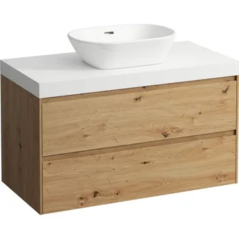 Koupelnový nábytek LAUFEN LANI Modulární sestava 1000, umyvadlová deska 65 mm (.260 bílá mat), s výřezem uprostřed, se 2 zásuvkami 985x495, Divoký dub - H4045611122671