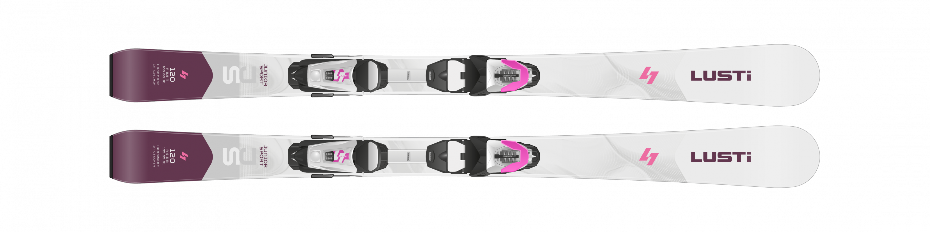Lyže LUSTI JS, 120 cm bílé, 2024 Barva: Bílá, Vázání: VIST junior 7.5 + deska +10% sleva na servis lyží + pásek na lyže zdarma