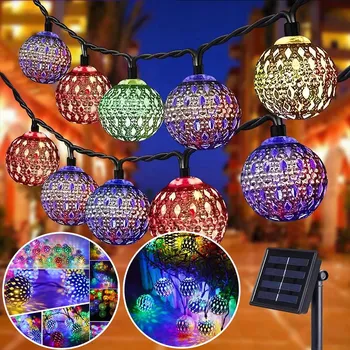 Vánoční dekorace SOLÁRNÍ zahradní girlanda, 50 LED, teplá bílá, marocké koule, 7M