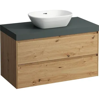 Koupelnový nábytek LAUFEN LANI Modulární sestava 1000, umyvadlová deska 65 mm (.266 šedá traffic), s výřezem uprostřed, se 2 zásuvkami 985x495, Divoký dub - H4055611122671