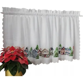 Záclona Vánoční Vitrážová Záclona 100x60 Hotová Záclona krátký Zimní městečko