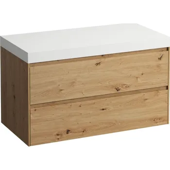 Koupelnový nábytek LAUFEN LANI Modulární sestava 1000, umyvadlová deska 65 mm (.260 bílá mat), bez výřezu, se 2 zásuvkami 985x495, Divoký dub - H4045601122671