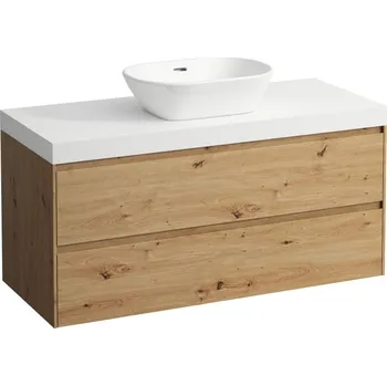 Koupelnový nábytek LAUFEN LANI Modulární sestava 1200, umyvadlová deska 65 mm (.260 bílá mat), s výřezem uprostřed, se 2 zásuvkami 1185x495, Divoký dub - H4045711122671