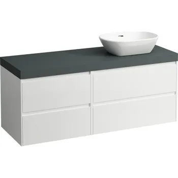 Koupelnový nábytek LAUFEN LANI Modulární sestava 1400, umyvadlová deska 65 mm (.266 šedá traffic), s výřezem vpravo, se 4 zásuvkami: zásuvkový element 800 pravý + zásuvkový element 600 levý 1370x495, Bílá lesklá - H4055831122611