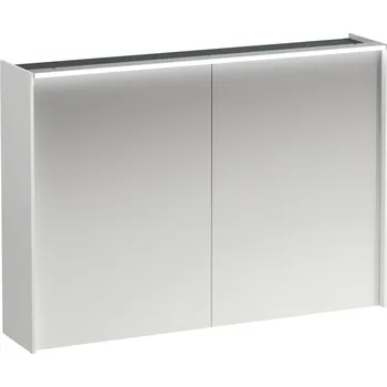 Nábytek LAUFEN LANI Zrcadlová skříňka, 1000 mm, 2 dvířka, s vodorovným LED osvětlením, 2 skleněné poličky, el. zásuvka 1020x210, Bílá mat - H4037921122601