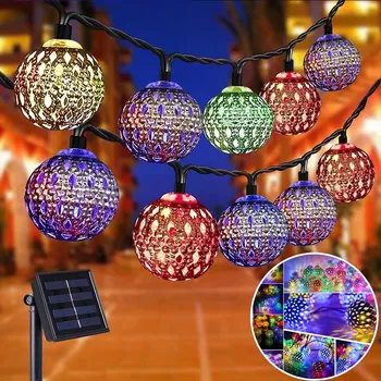 Venkovní osvětlení SOLÁRNÍ zahradní girlanda, 50 LED, teplá bílá, marocké koule, 7M