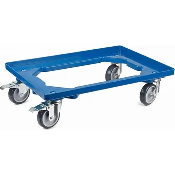 Plošinový vozík Podvozek pod EURO přepravky 600 x 400 mm, otevřený, 4 otočná kola z šedé gumy (2 s brzdou), barva modrá