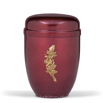 Smuteční dekorace Ocelová urna rubínověčervená s růží