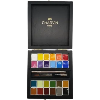 Vodová barva Charvin Paris Akvarelové barvy Extra Fine 24Ks Dřevěný box Černý