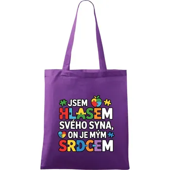 Autismus - Jsem hlasem svého syna, on je mým srdcem - Taška bavlněná - 42 x 38 cm ( Fialová )
