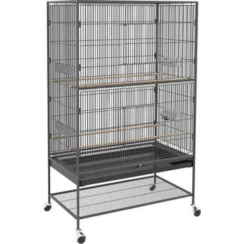 PawHut Ptačí klec PawHut, voliéra pro ptáky s bidly a policí, 94 x 57 x 153 cm, šedá, s dvířky a kolečky pro ptáky | Aosom.de