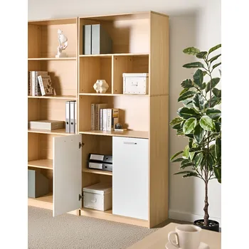 Knihovna 2dveřová knihovna hnědá a bílá dřevotříska MDF minimalistický kancelářský nábytek otevřená a zavřená police Beliani