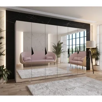 Šatní skříň Zrcadlová šestidveřová šatní skříň 300 cm AMARIS 3 - kašmír / černé úchyty