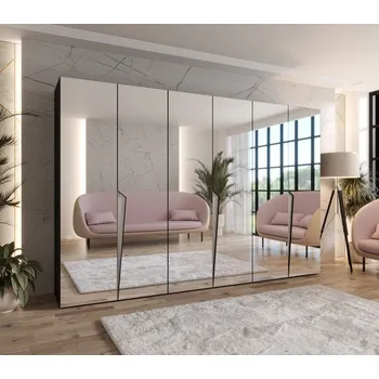 Šatní skříň Velká šatní skříň 300 cm SORAYA 3 se zrcadlem - černá / kašmírové úchyty