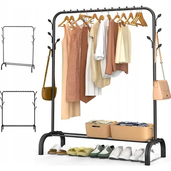 Věšák KOVOVÝ STOJAN NA OBLEČENÍ S 8 BOČNÍMI HÁČKY ČERNÝ 150X110X40CM