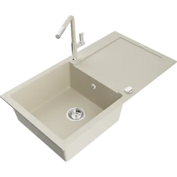 Granitový dřez Mexen Leo, 1-komorový granitový dřez 900x500x190 mm a dřezová baterie Flora, béžová, 6501-69-670401-09