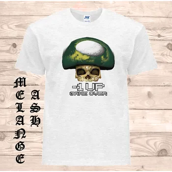 Pánské tričko levne-bavlnene-tricko-potisk-mushroom-gameover Barva: Ash melange - popelová směs, velikost: 5XL