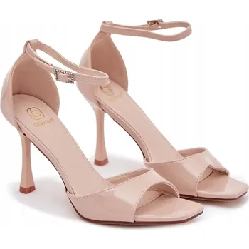Dámské sandále DÁMSKÉ LAKOVANÉ SANDÁLY NA JEHLOVÉM PODPATKU ELEGANTNÍ Z EKOKŮŽE BÉŽOVÉ VEL. 40
