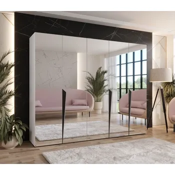 Šatní skříň Široká šatní skříň 250 cm SORAYA 3 se zrcadlem - bílá / černé úchyty