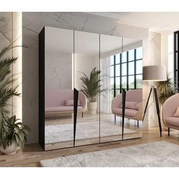 Šatní skříň Čtyřdveřová šatní skříň 200 cm SORAYA 3 se zrcadlem - černá / černé úchyty