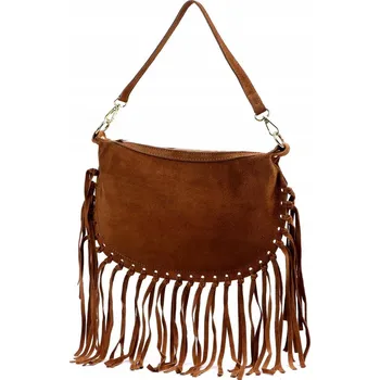 Semišová kožená kabelka s třásněmi měkká BOHO LUKA hnědá