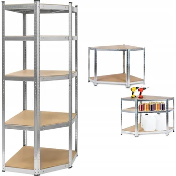 Dílenský regál Rebel RB-1254 Kovový rohový skladovací regál, 5 polic, 180 x 40 x 70 cm, 875 kg, stříbrná