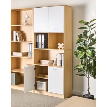 Knihovna 4dveřová knihovna hnědá a bílá dřevotříska MDF minimalistický kancelářský nábytek otevřená a zavřená police Beliani