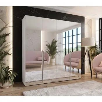 Šatní skříň Čtyřdveřová šatní skříň 200 cm SORAYA 3 se zrcadlem - bílá / kašmírové úchyty