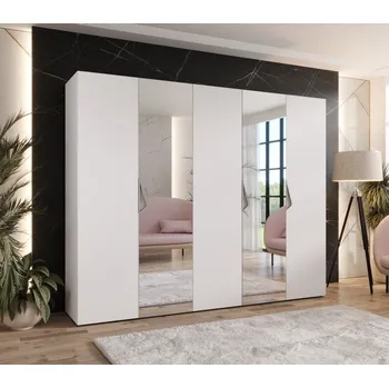 Šatní skříň Široká šatní skříň 250 cm AMARIS 2 se zrcadlem - bílá / kašmírové úchyty
