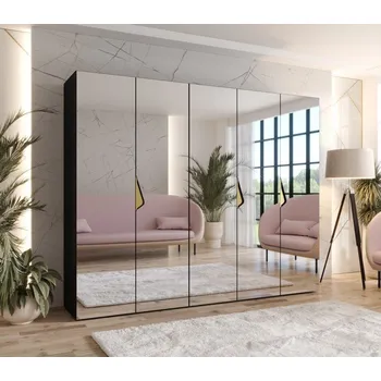 Šatní skříň Široká šatní skříň 250 cm AMARIS 3 se zrcadlem - černá / zlaté úchyty