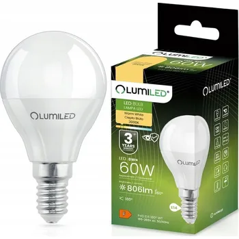 Žárovka LED žárovka E14 Kulka P45 8W = 60W 806lm 3000K Teplá bílá 180° LUMILED